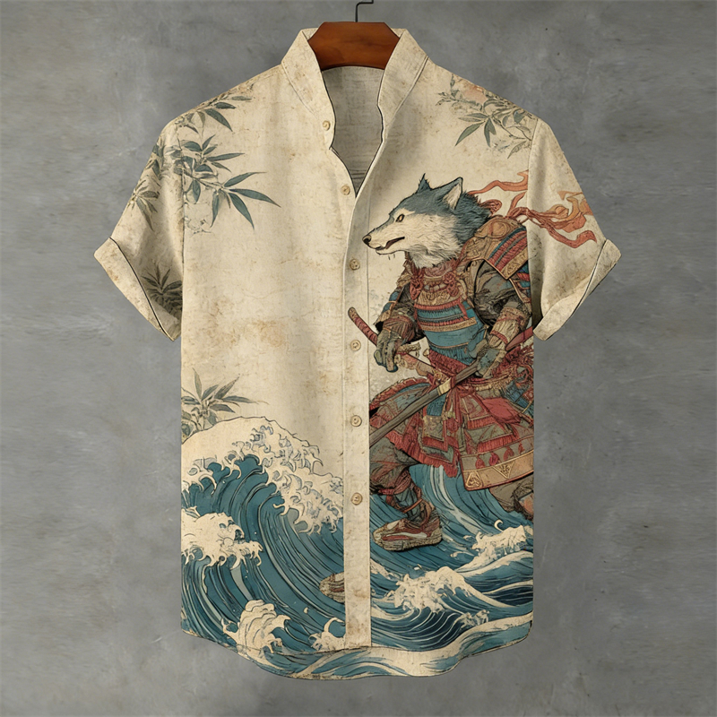 Japanese Wolf Samurai Sea Waves Linen Shirt