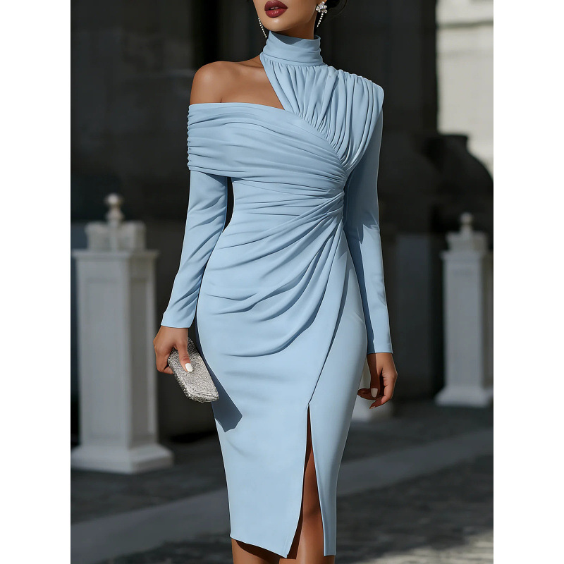White Asymmetric Draped High-Neck One-Shoulder Midi Dress