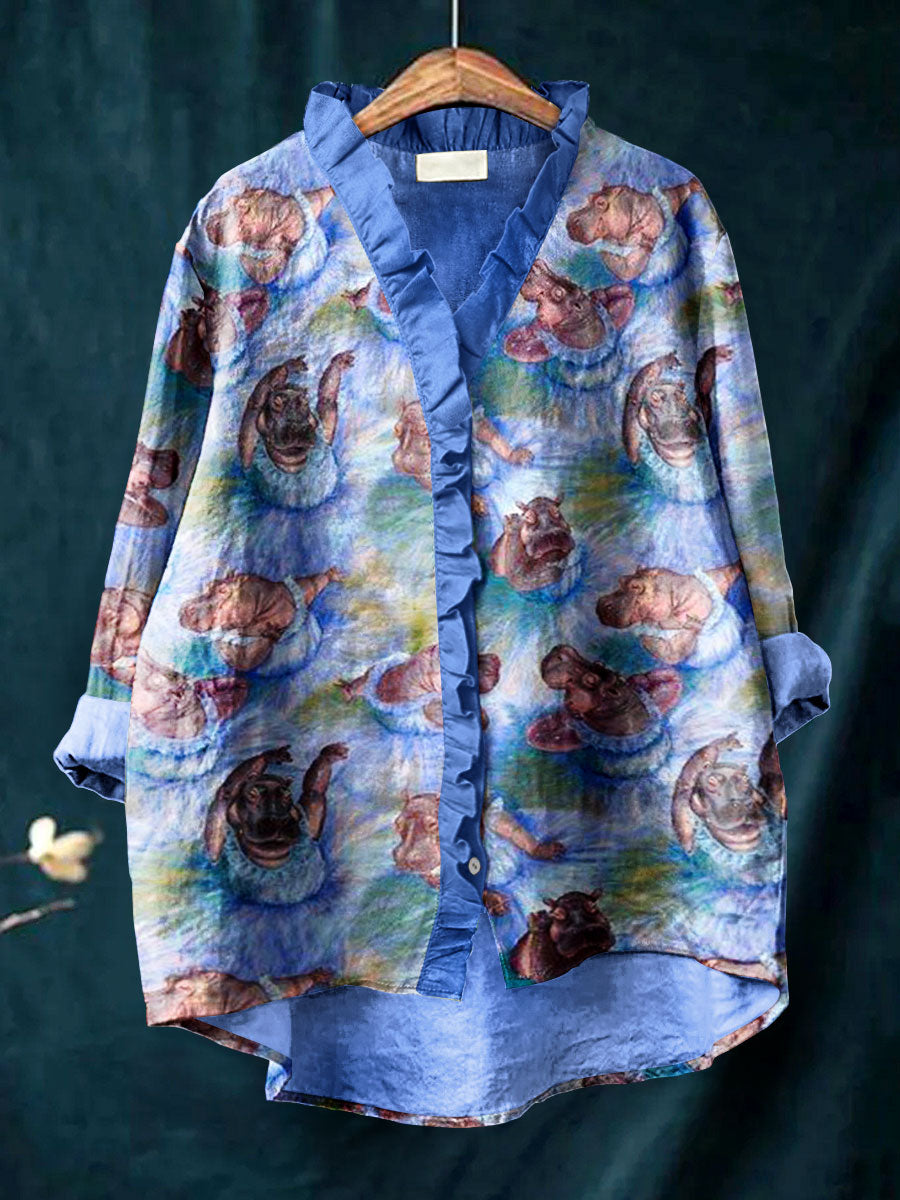 Vintage Cute Hippo Flower Art Print Casual Cotton & Linen Ruffle Shirt