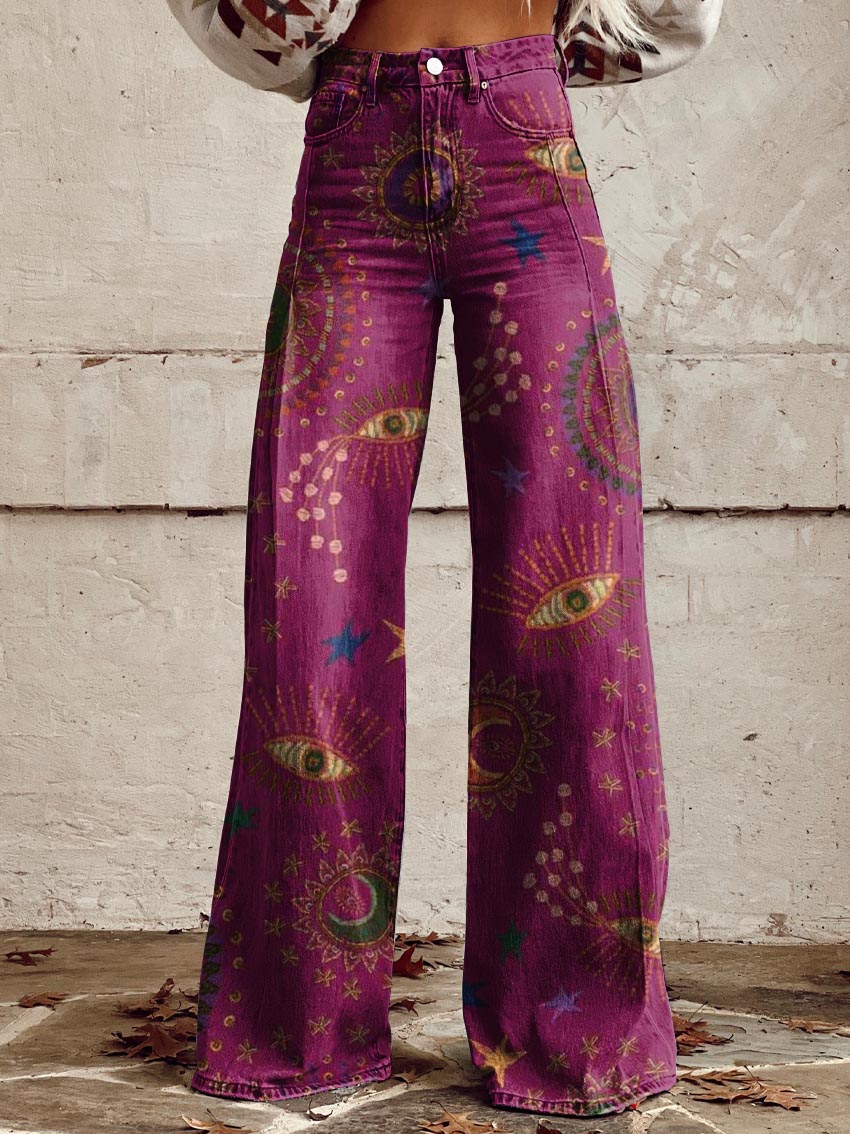 Purple Print Casual Wide-Leg Pants