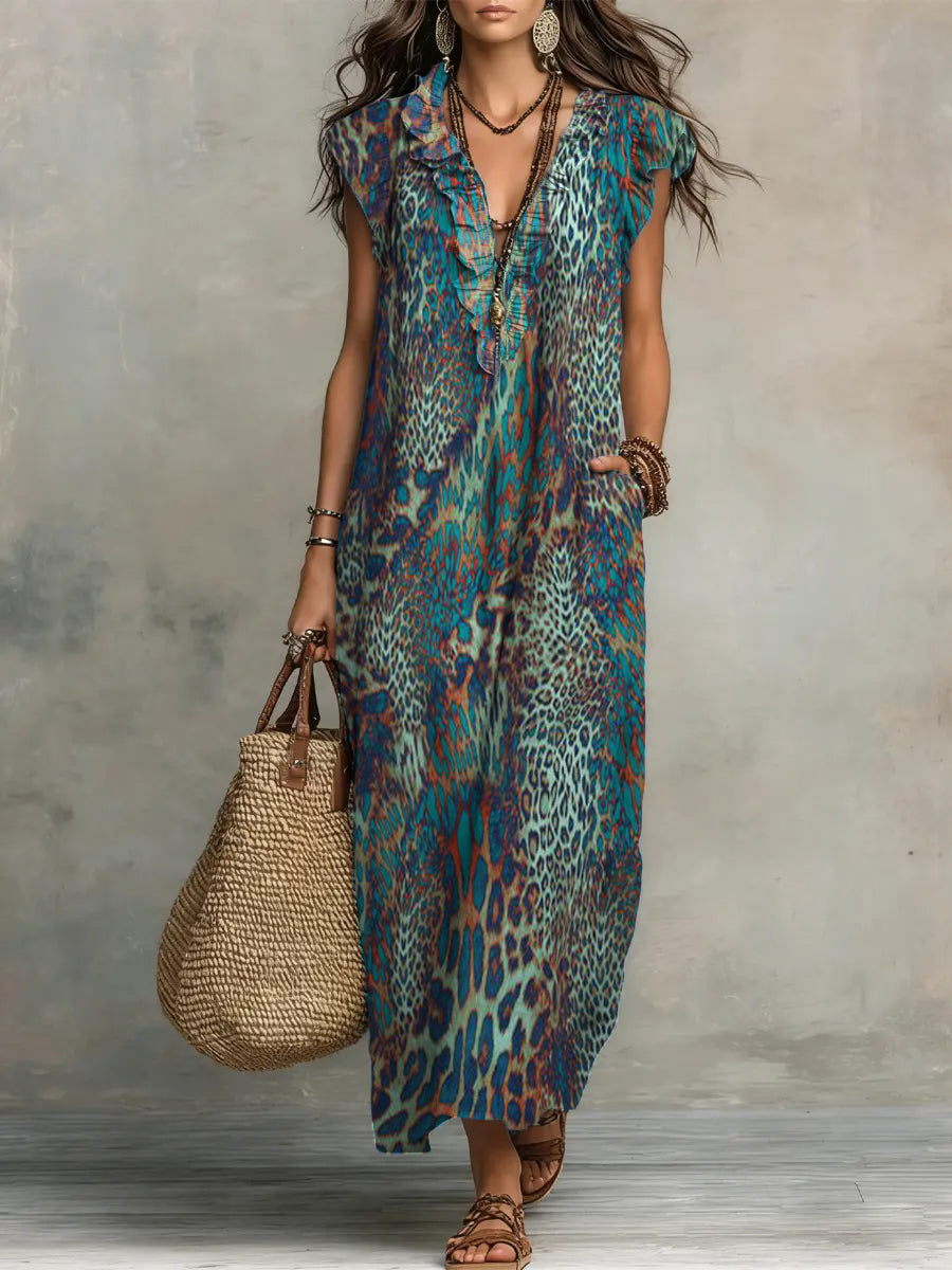 Animal Print V-Neck Ruffle-Trim Maxi Dress