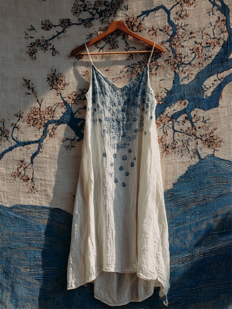 Japanese Sashiko Floral Cami Linen Dress