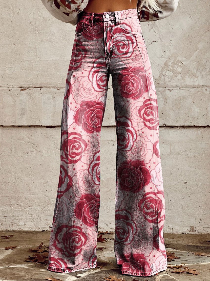 Vintage Print Casual Wide-Leg Pants