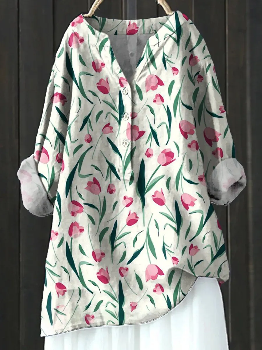 Floral Art Print Casual Cotton & Linen Shirt