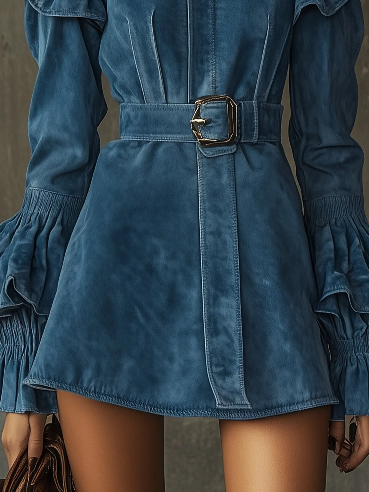Blue Ruffled Sleeve Belted Faux Suede Mini Dress