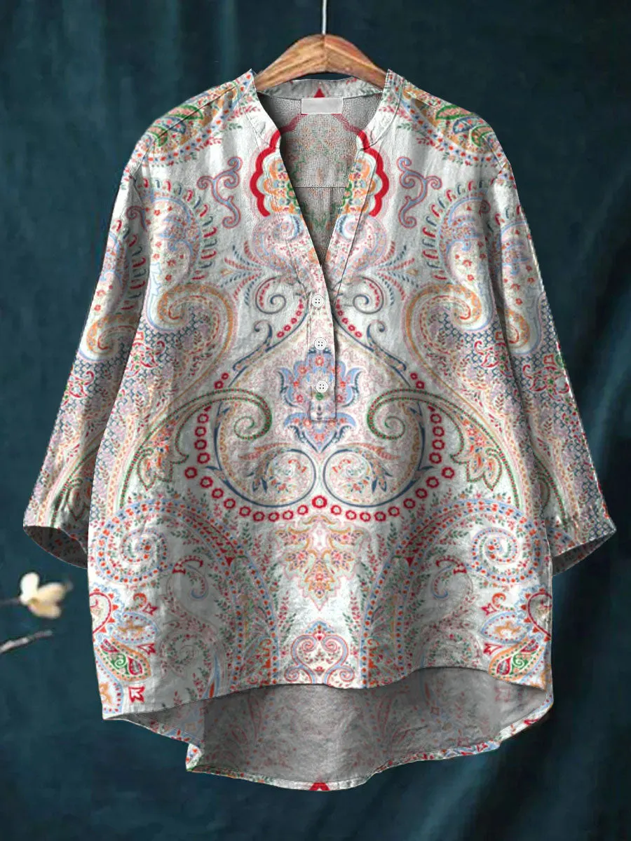 Vintage Flower Art Print Casual Cotton & Linen Shirt