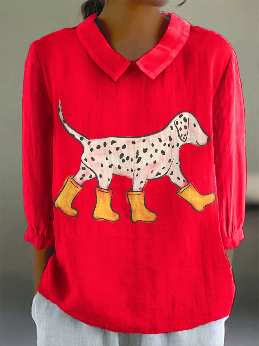 Vintage Cute Dalmatian Art Print Casual Cotton & Linen 3/4 Sleeve Shirt