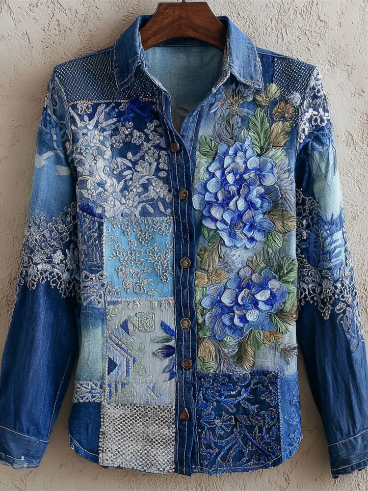Boho Hydrangea Geometric Thread Embroidery Women's Vintage Linen Shirt