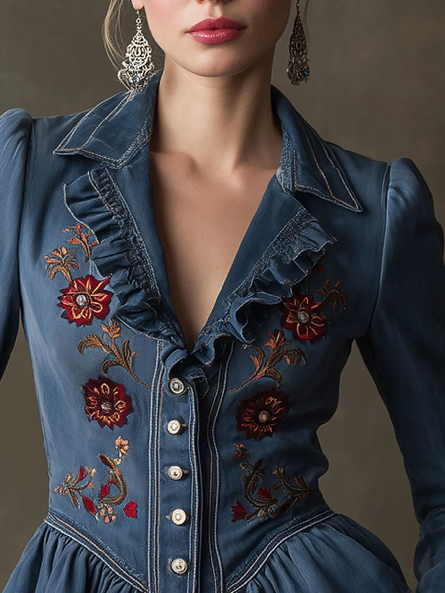 Fashionable Retro Floral Embroidered Ruffled Blue Denim Blazer