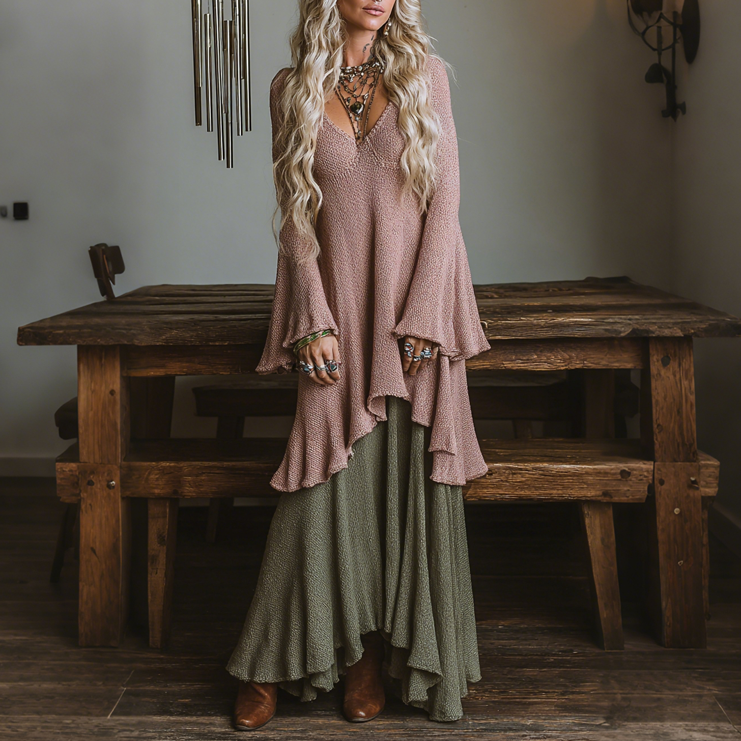 Elegant V-neck Sheer High-waisted Openwork Woven Color-blocked Flared Long-sleeved Oversized Dress