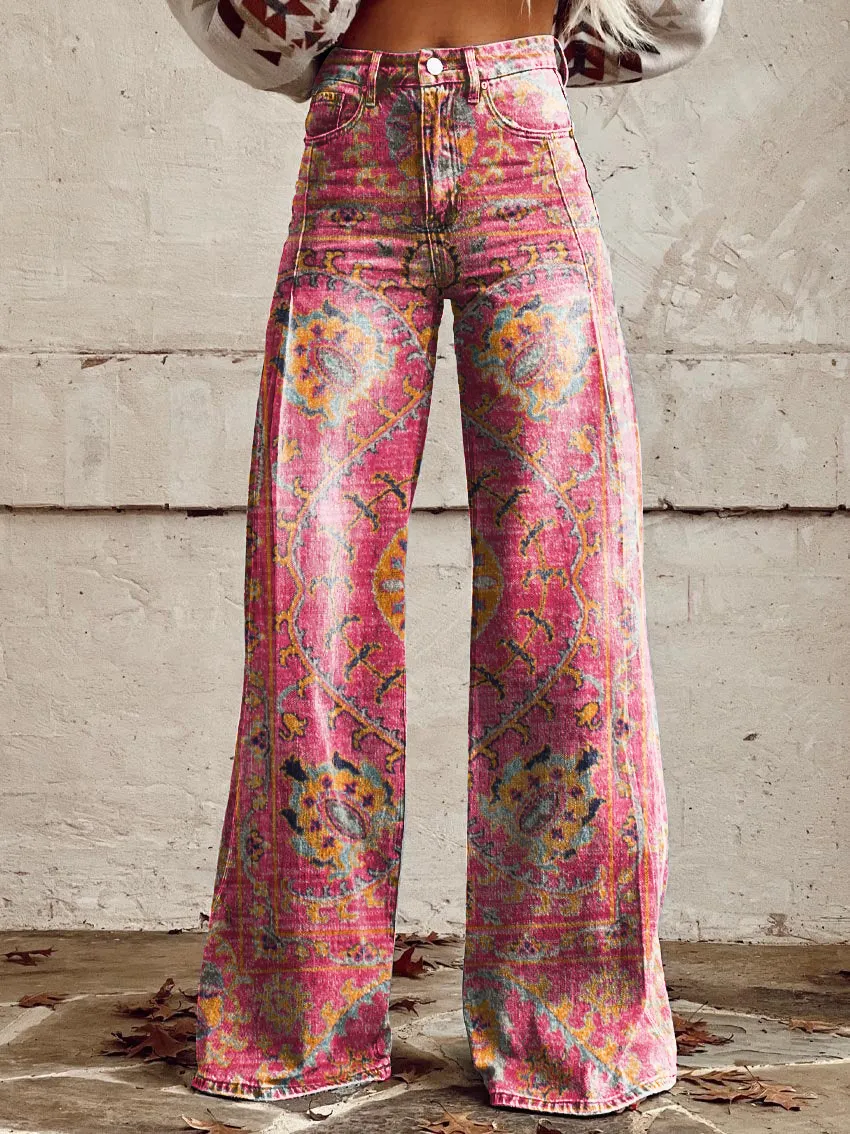 Vintage Ethnic Floral Art Casual Wide-Leg Pants