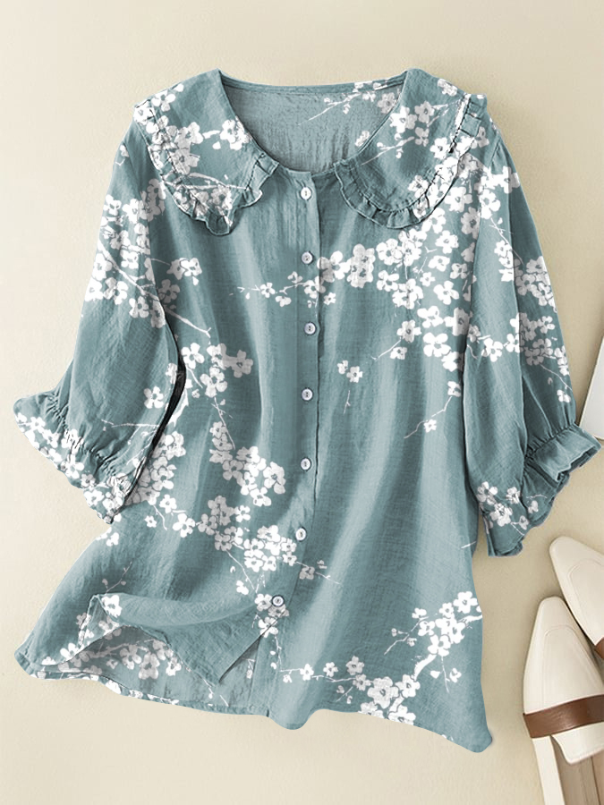Vintage Floral Cotton & Linen Peter Pan Ruffle Collar Shirt