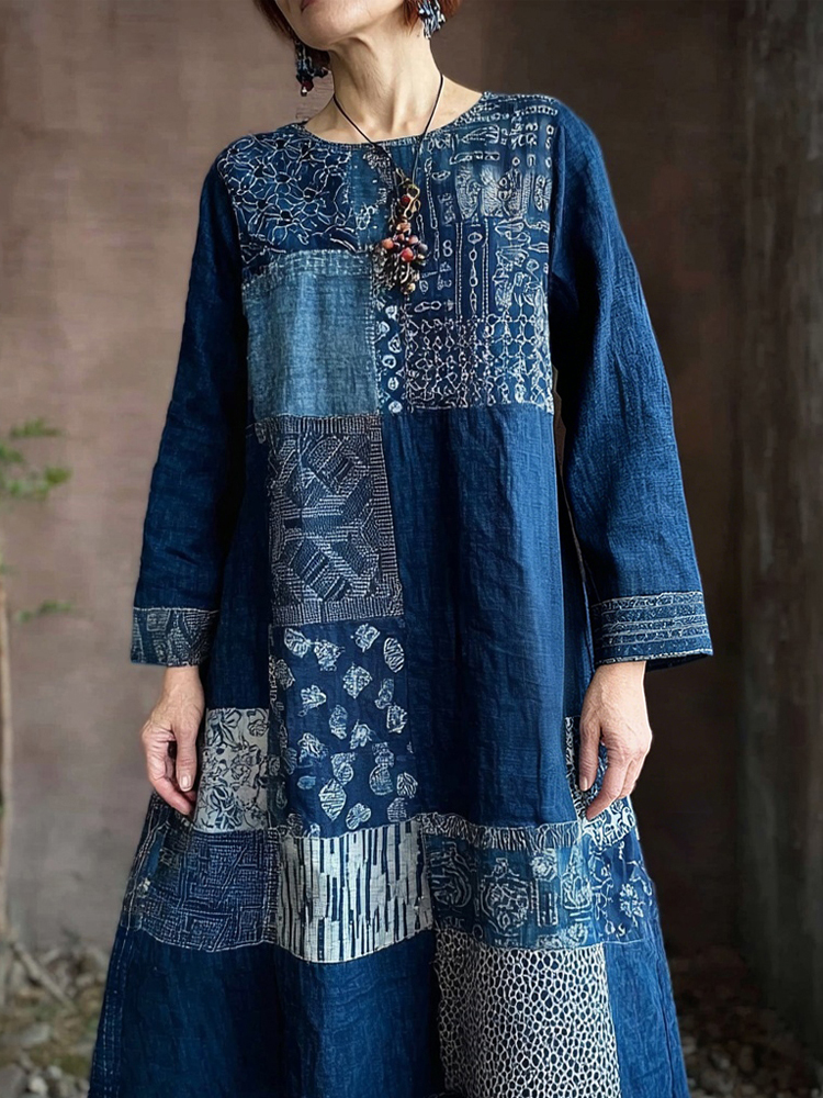 Vintage Japanese Sashiko Art Flowy Linen Maxi Dress