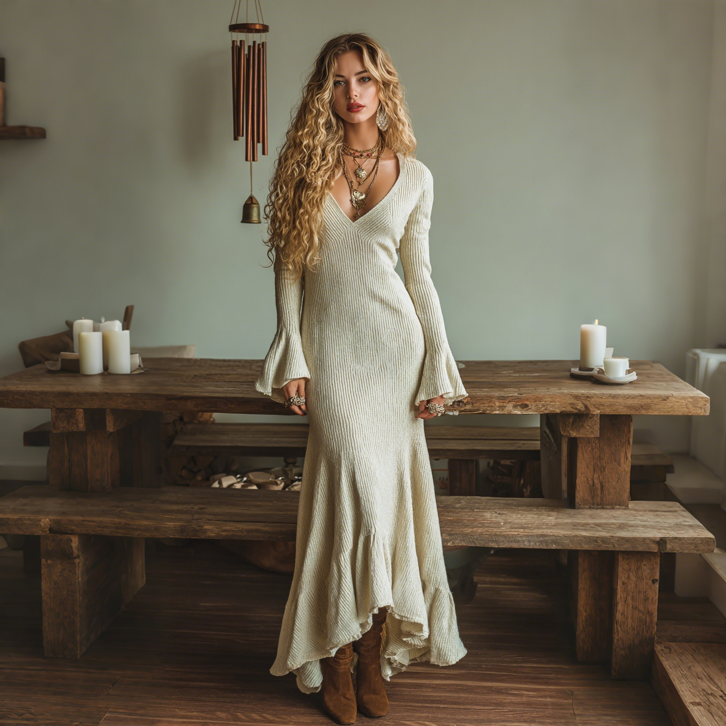 Elegant V-neck Sheer High-waisted Vertical Striped Ribbed Stretch Flared Long-sleeved Dress