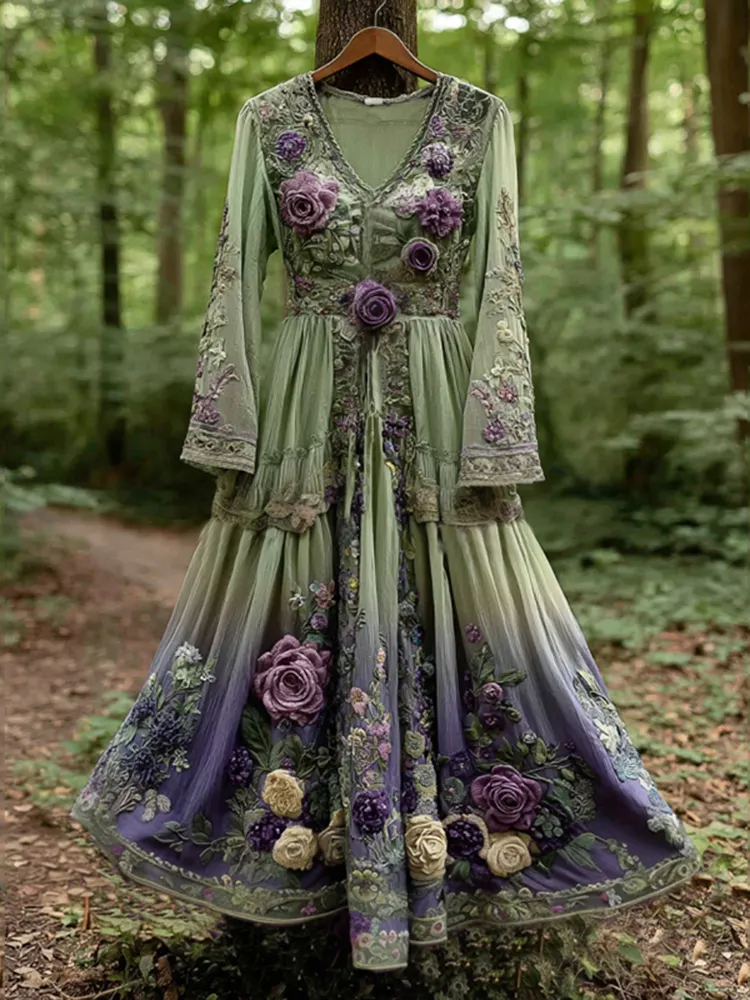 Classy Gradient Purple Lavender And Floral Embroidered Maxi Dress