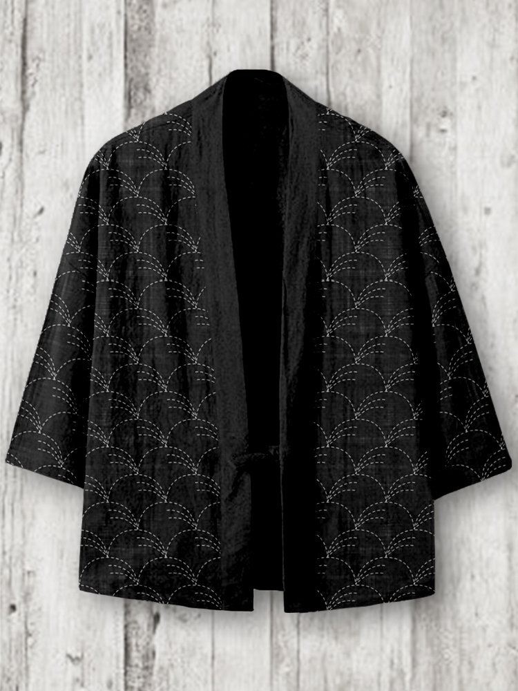 Traditional Japanese Sashiko Art Linen Blend Kimono Cardigan