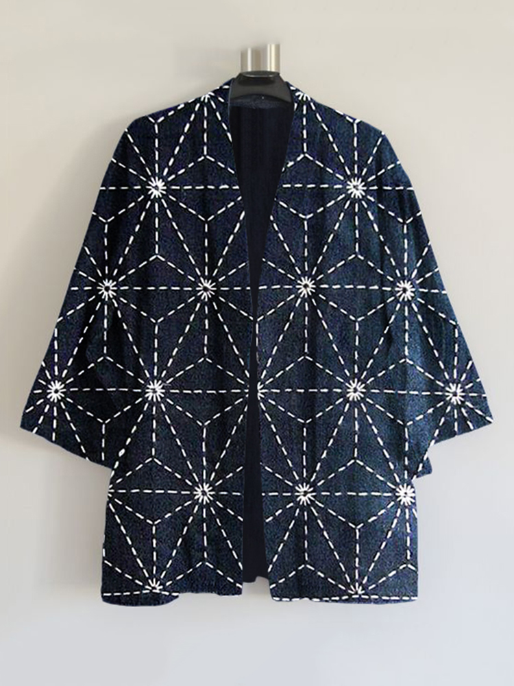 Vintage Japanese Traditional Sashiko Art Print Blend Kimono Cardigan