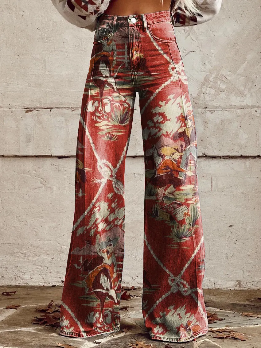 Retro Horse Print Casual Wide-Leg Pants
