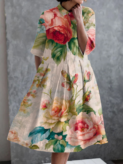 Vintage Floral Print Casual Pocket Half Sleeve Dress