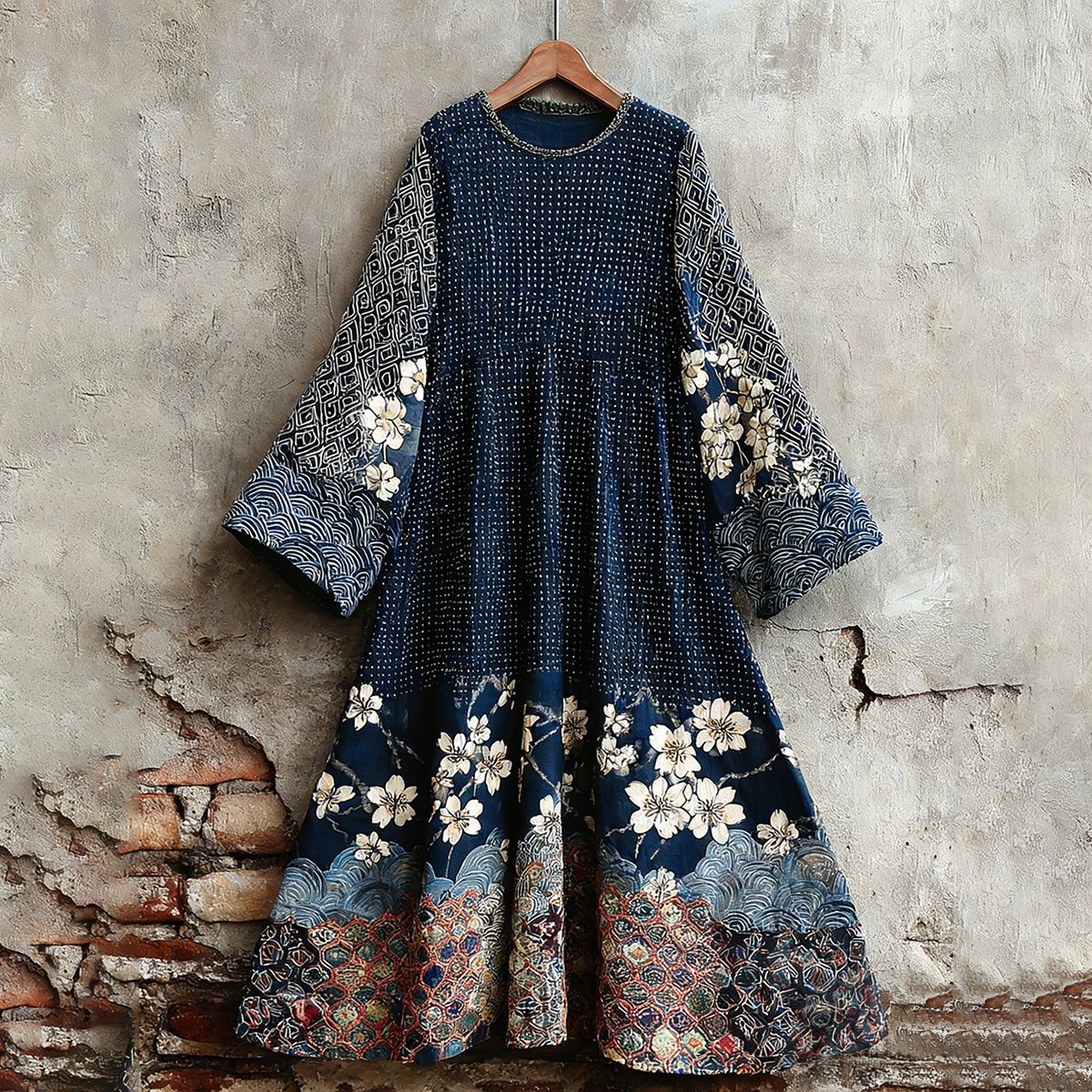 Traditional Japanese Sashiko Art Round Neck Dress