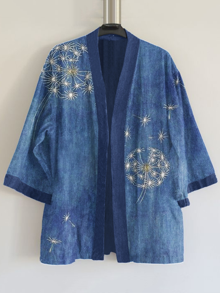 Japanese Traditional Sashiko Dandelion Art Pattern Art Print Blend Kimono Cardigan