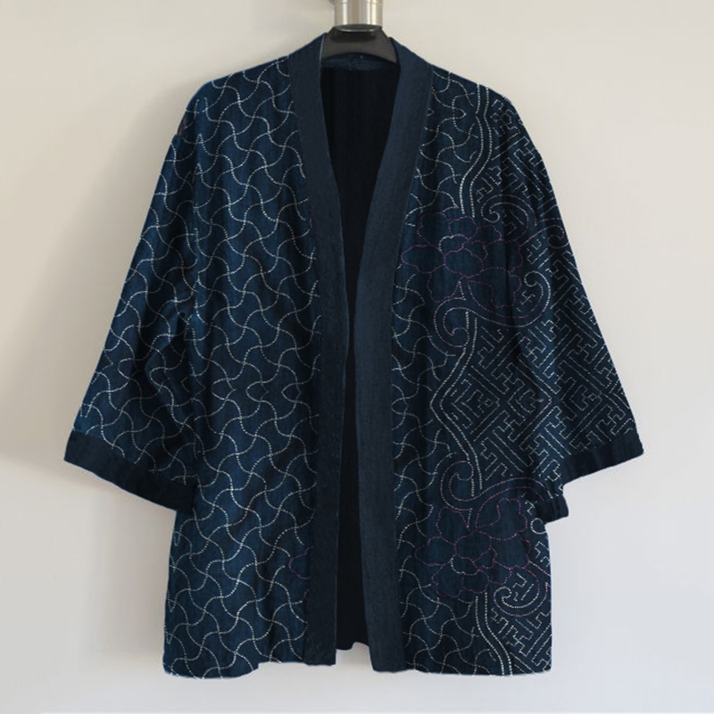Japanese Traditional Sashiko Art Print Blend Kimono Cardigan