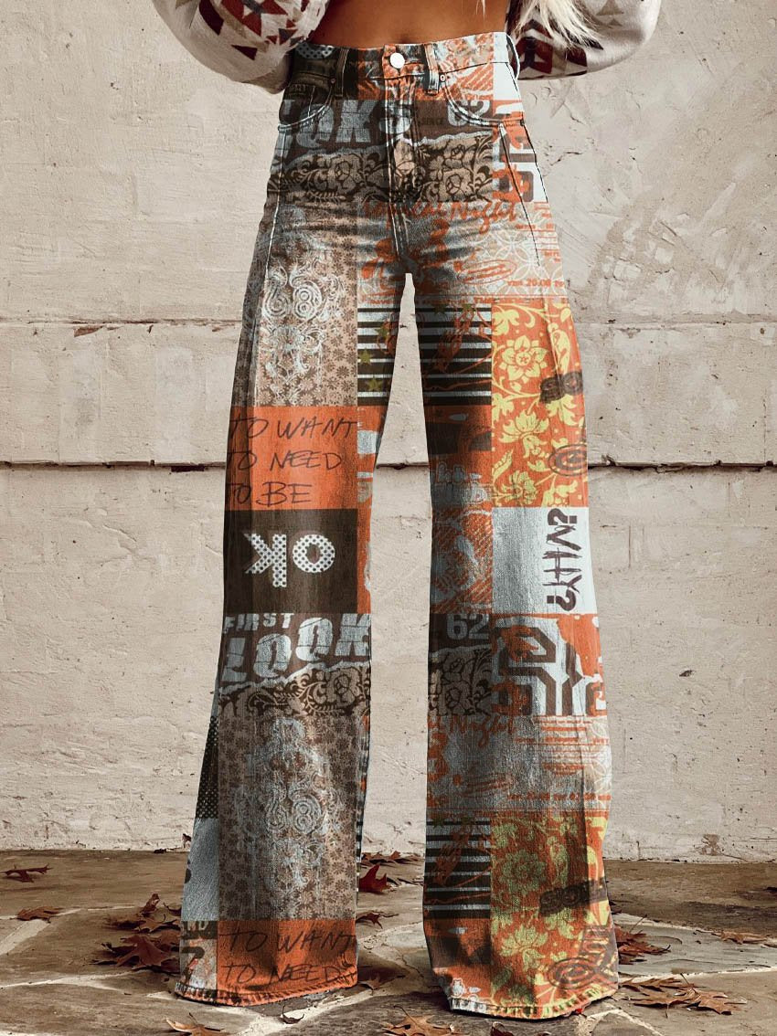 Collage Print Casual Wide-Leg Pants