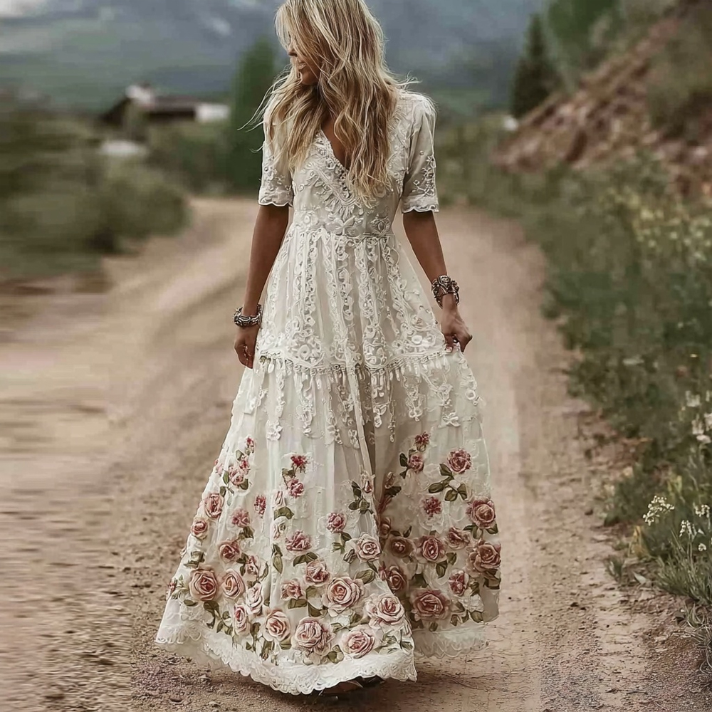 Elegant Boho Pink Roses Embroidered Flowy Lace Maxi Dress
