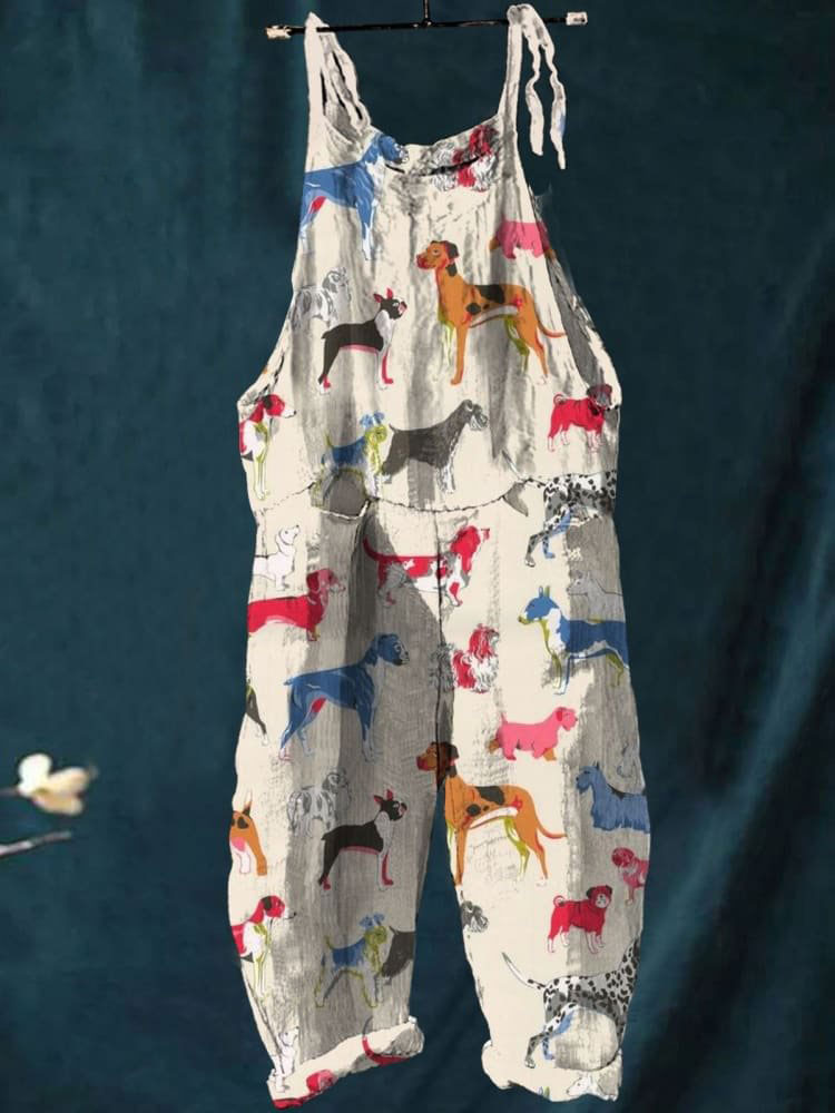 Vintage Lovely Dogs Art Print Casual Wide-Leg Jumpsuit