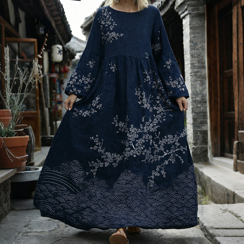 Japanese Cherry Blossom Sea Waves Art Linen Flowy Maxi Dress
