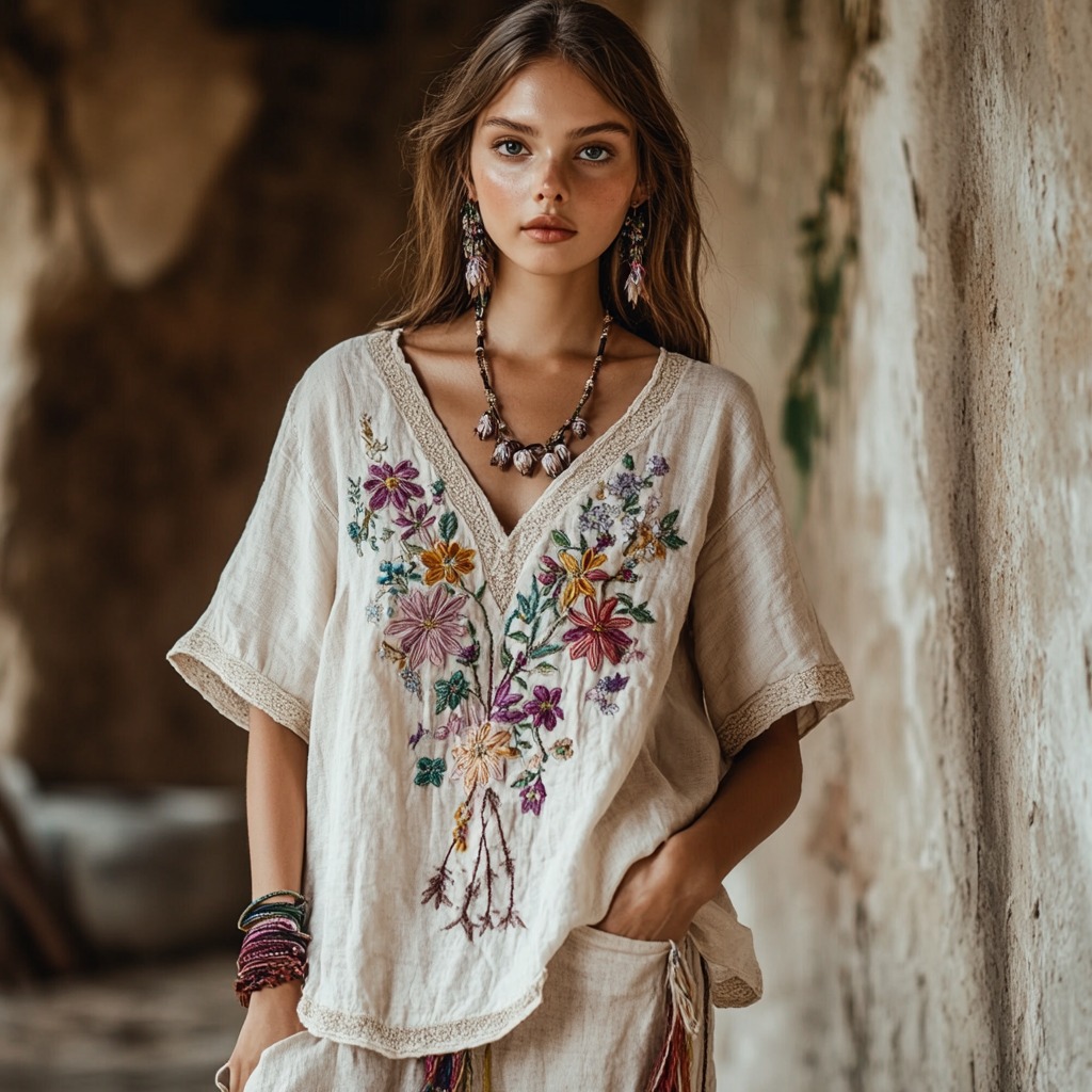 Women's Floral Embroidery V Neck Casual Top