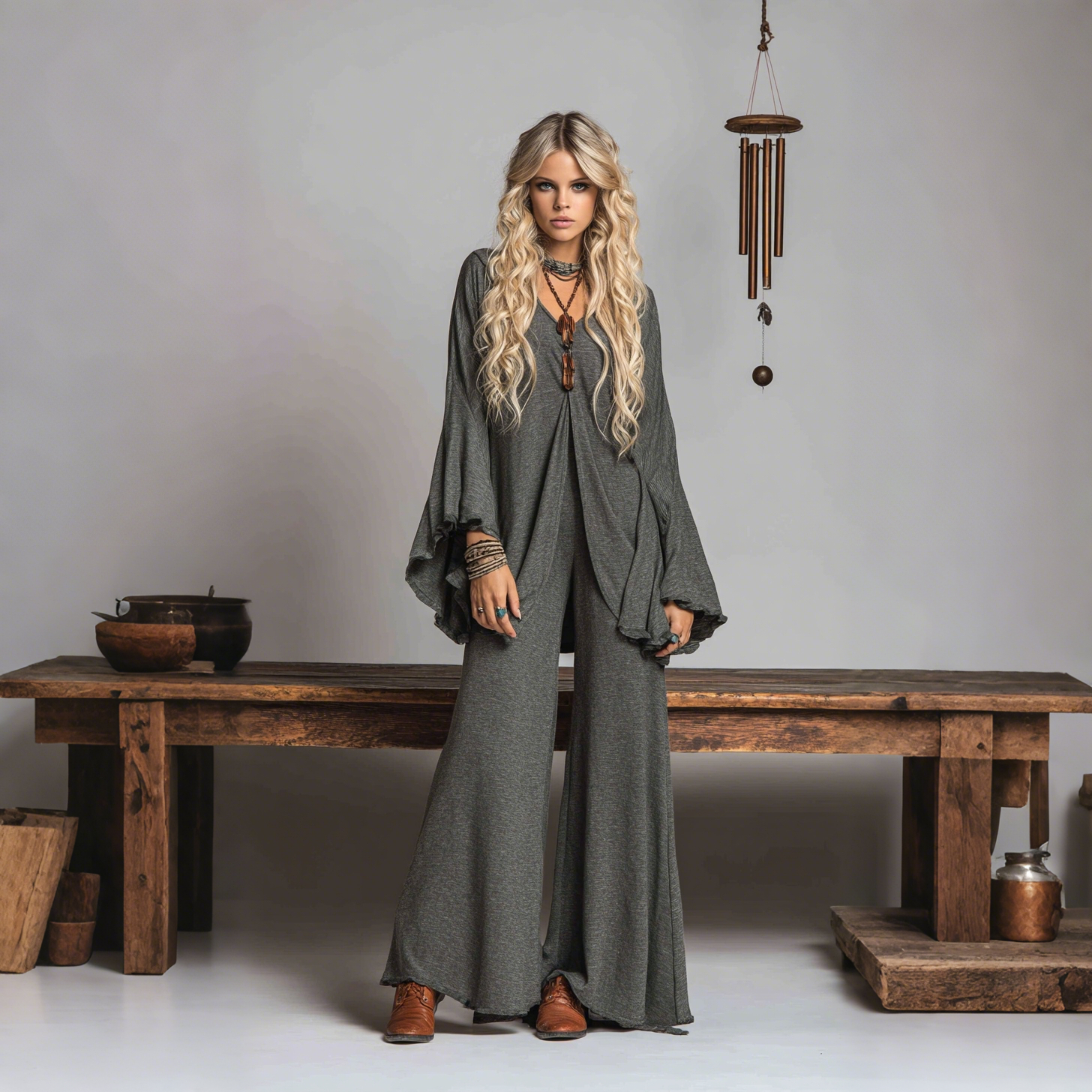 Elegant, Oversized Pure Cotton Flared Long-sleeved Top And Trousers Set