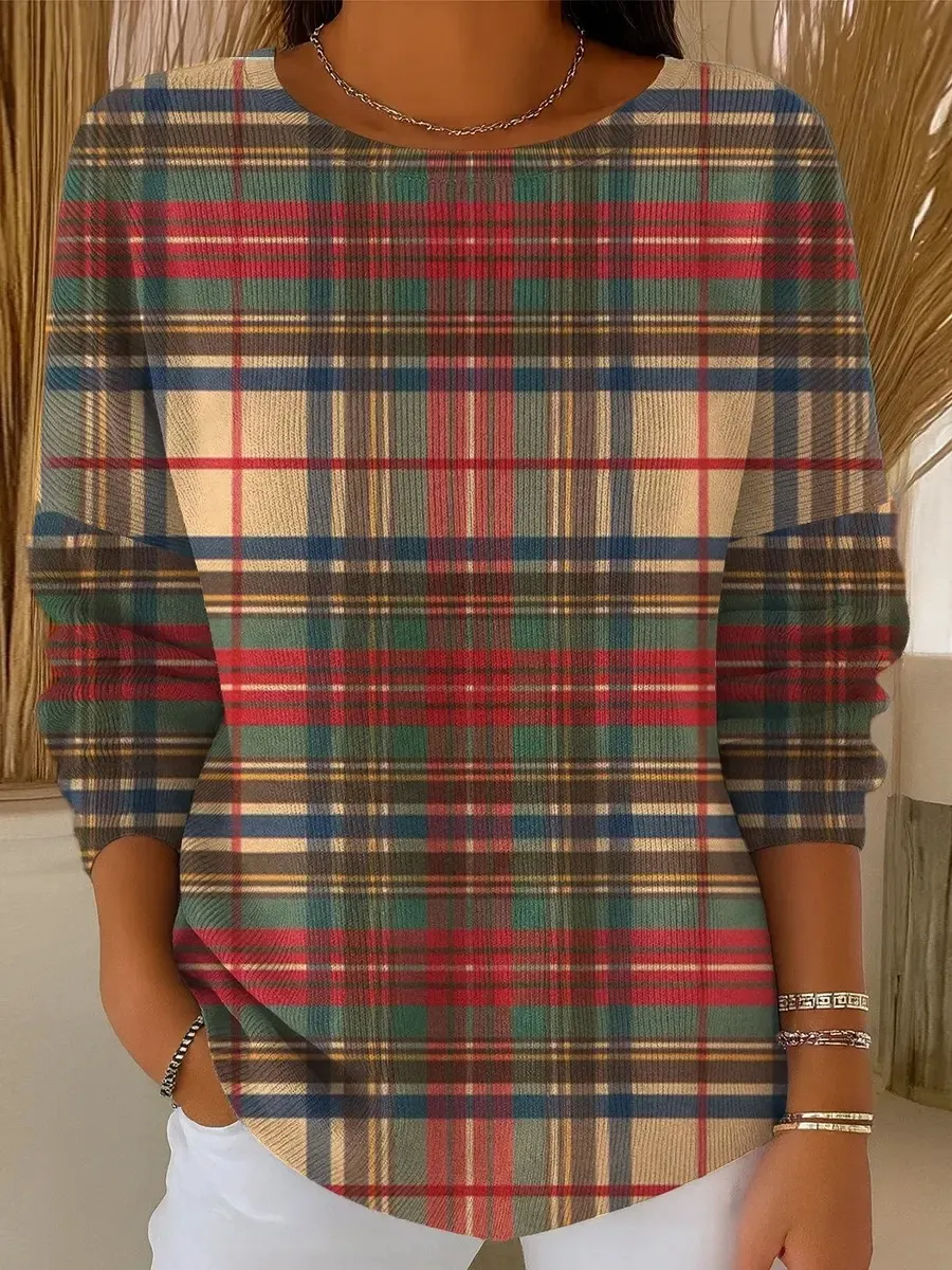 Vintage Plaid Art Print Casual Sweater