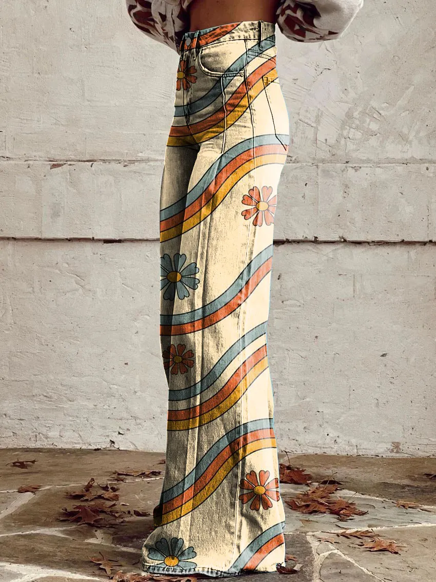 Vintage Daisy Print Wide-Leg Pants