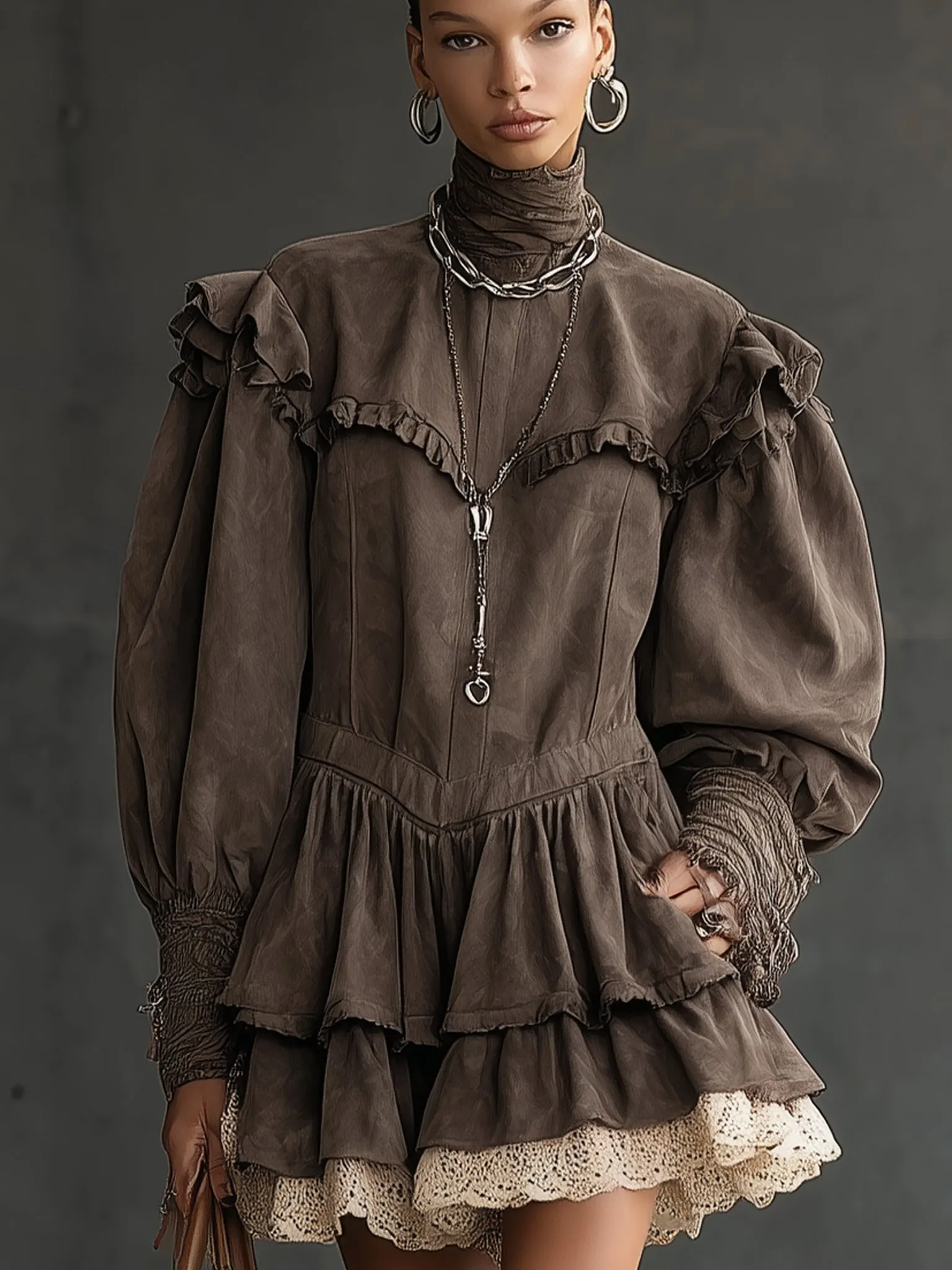 Vintage Brown Faux Suede Ruffled Lace Hem Long Sleeve Mini Dress
