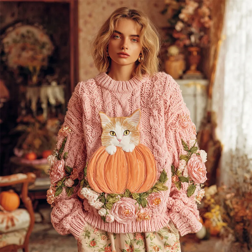 Thanksgiving Pumpkin & Cat Lady Knit Sweater