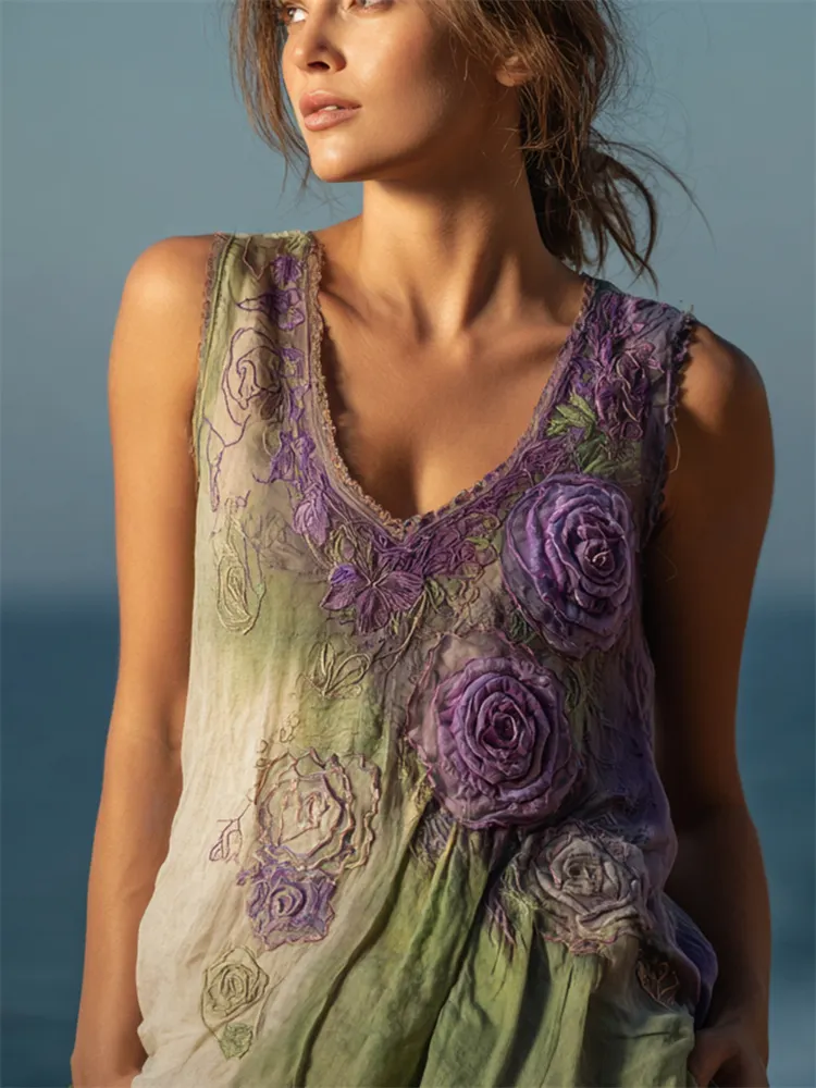 Boho Lavender Roses Fiber Art Gradient Flowy Tank Top