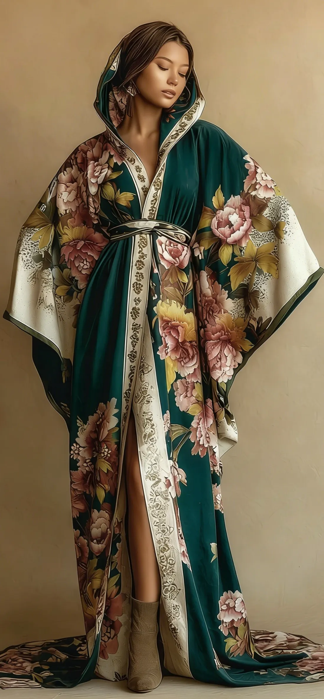 Women's Vintage Gorgeous Slim Floral Print Hooded Robe (belt Included)