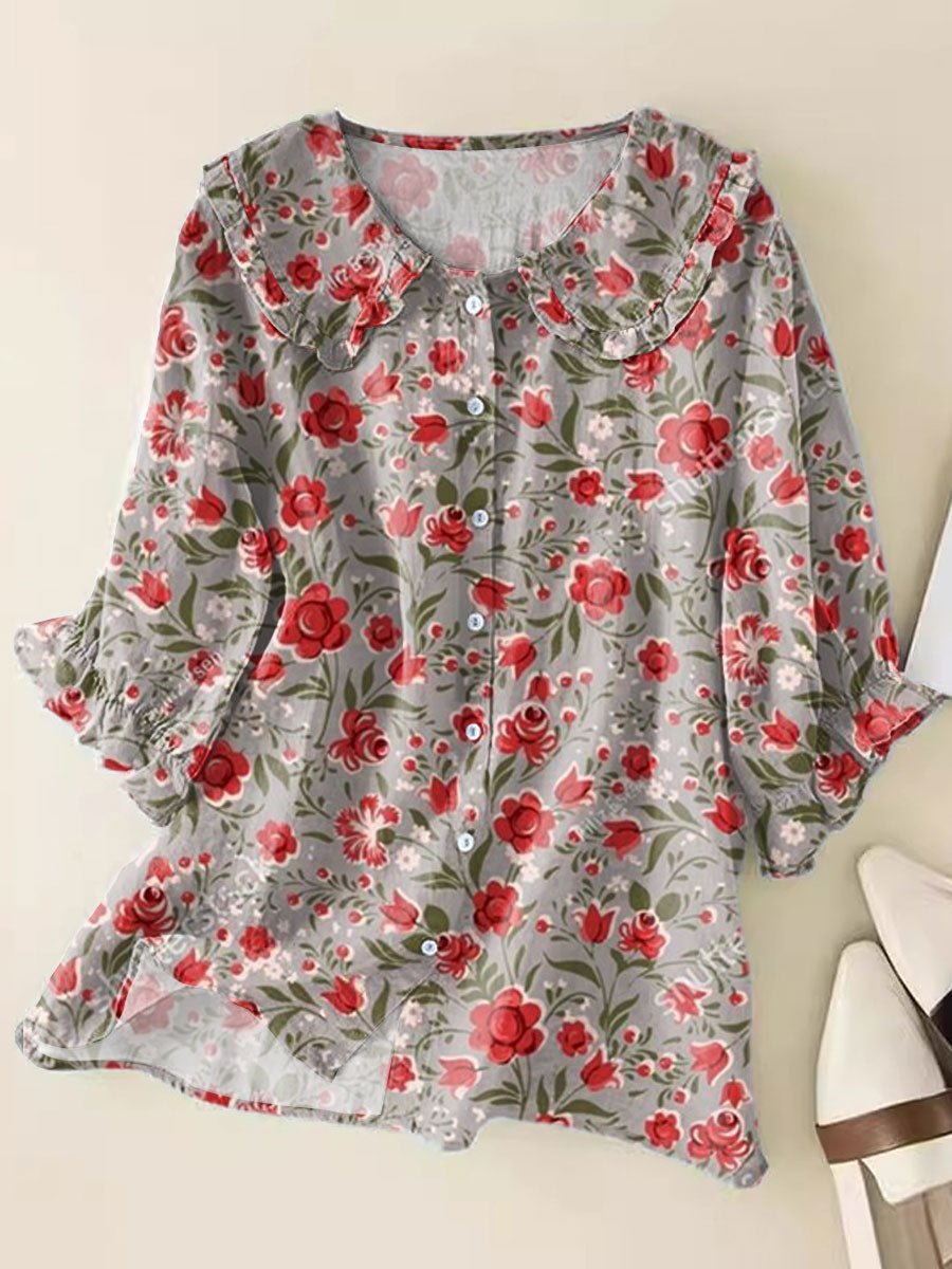 Fresh Floral Art Print Loose Top Peter Pan Collar Half Sleeve Blouses