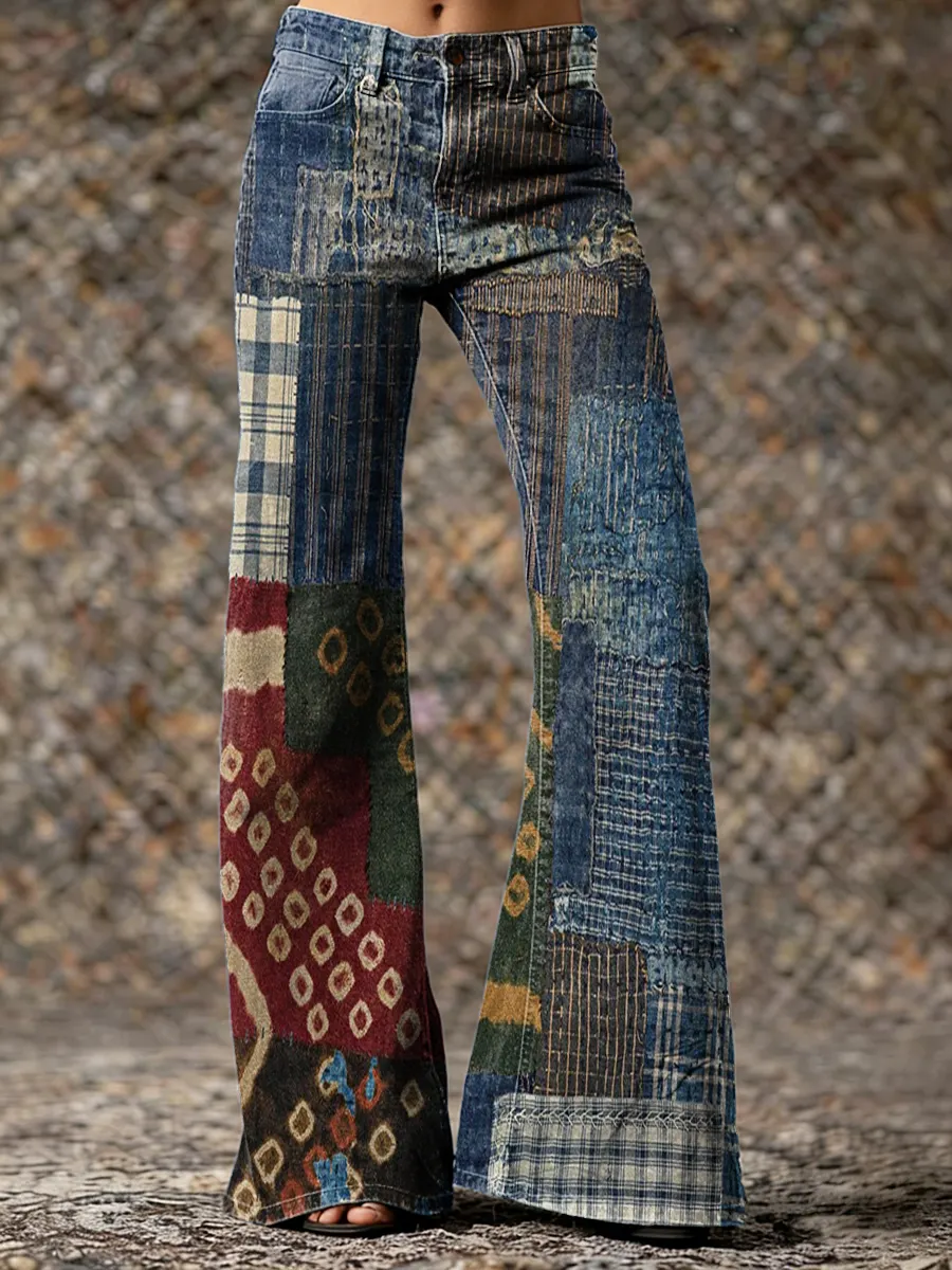 Retro Denim Art Print Casual Washed Cotton Pants