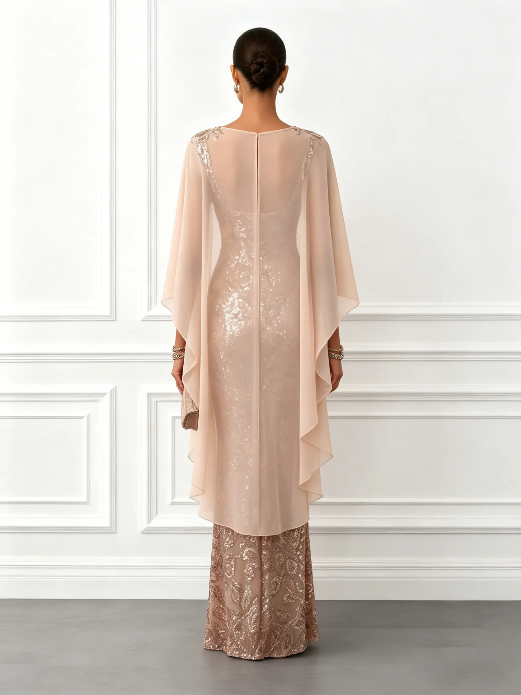 Champagne Glitter Crew Neck Cap Sleeve Sheath Floor-length Gown