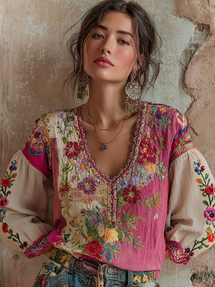 Women's Bohemian Floral Embroidery Art V-neck Contrast Color Long Sleeve Linen Blend T-shirt