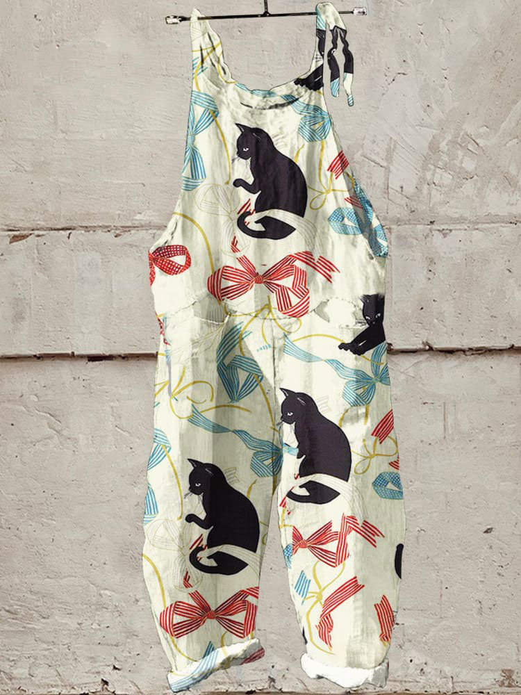 Cat Art Print Casual Wide-Leg Jumpsuit
