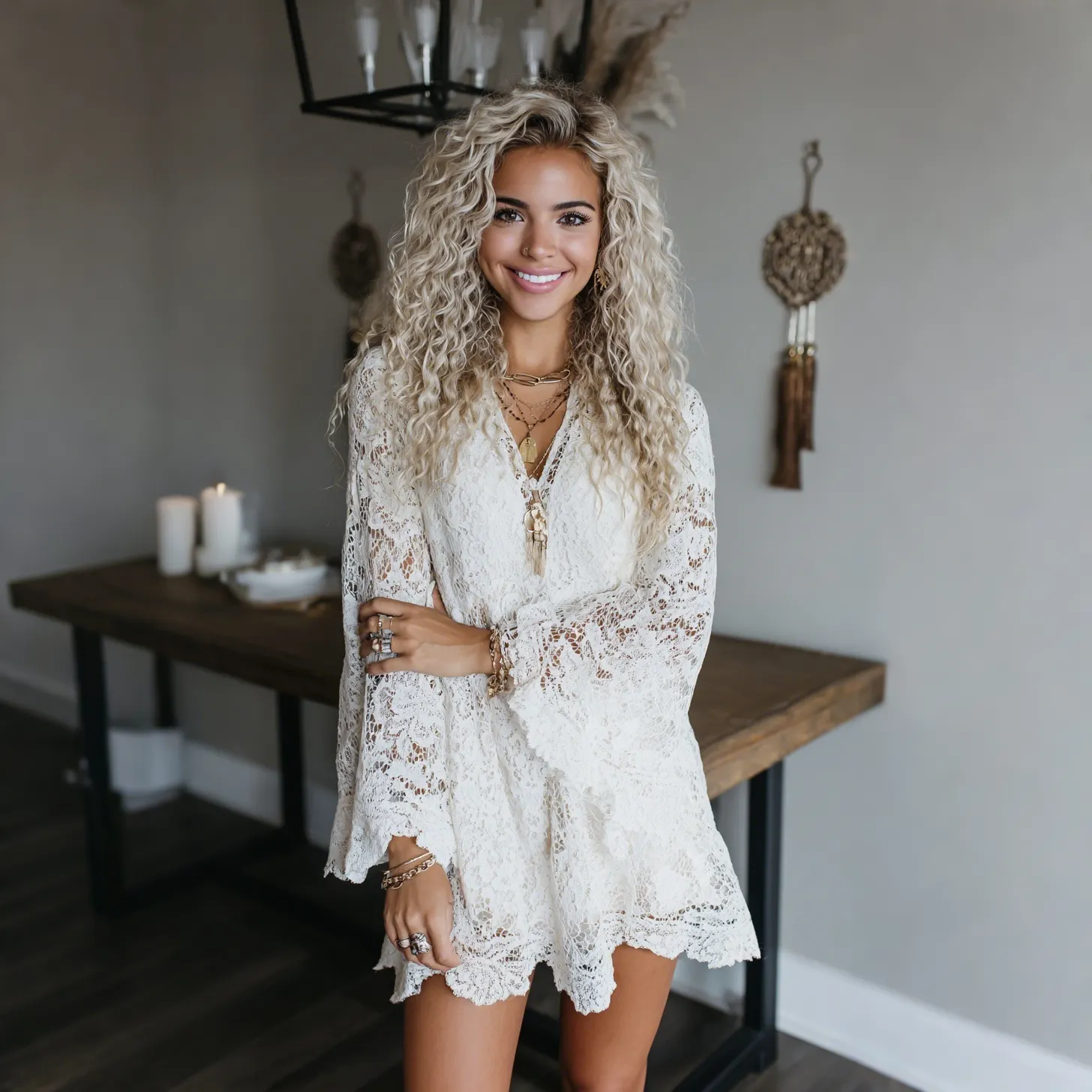 Women's Holiday Casual Elegant High-Waisted Flared Sleeve Oversized Lace Dress Cover-Up