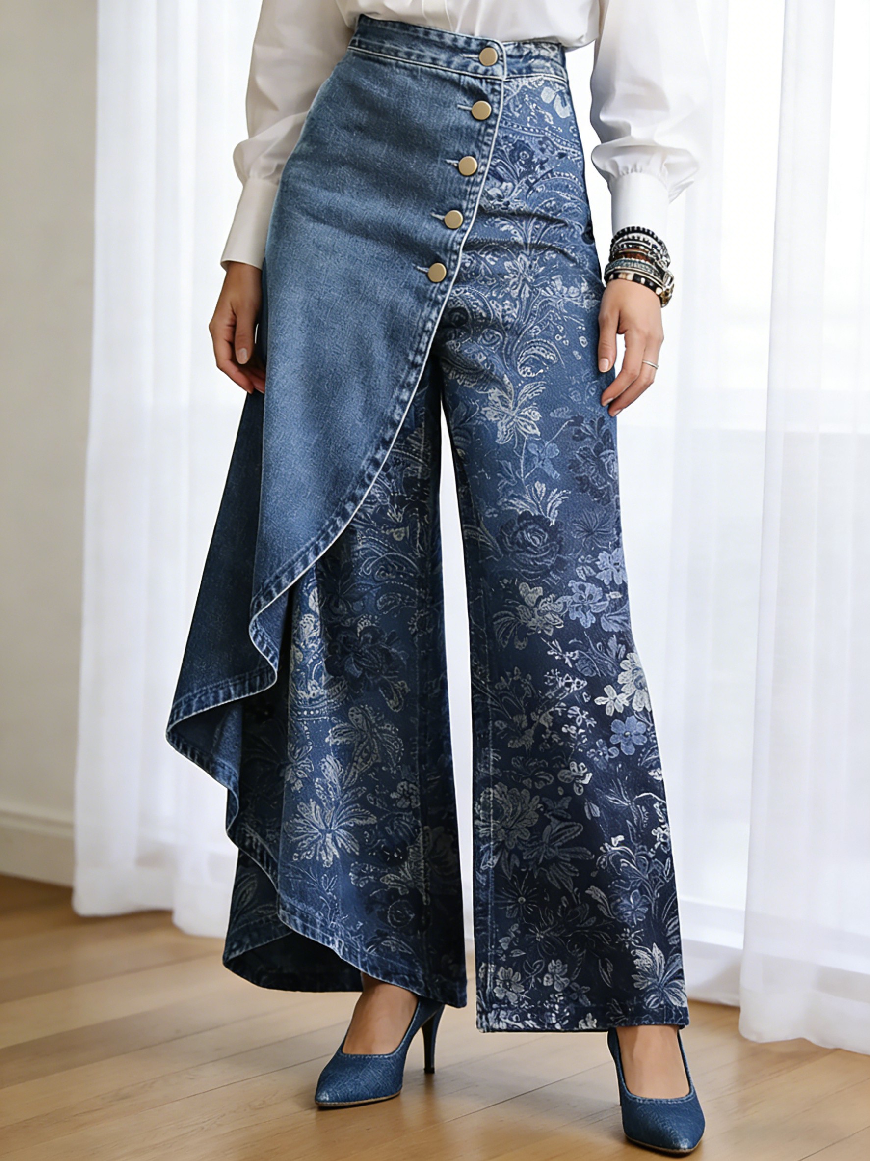 Art Print Casual Washed Denim Cotton Pants