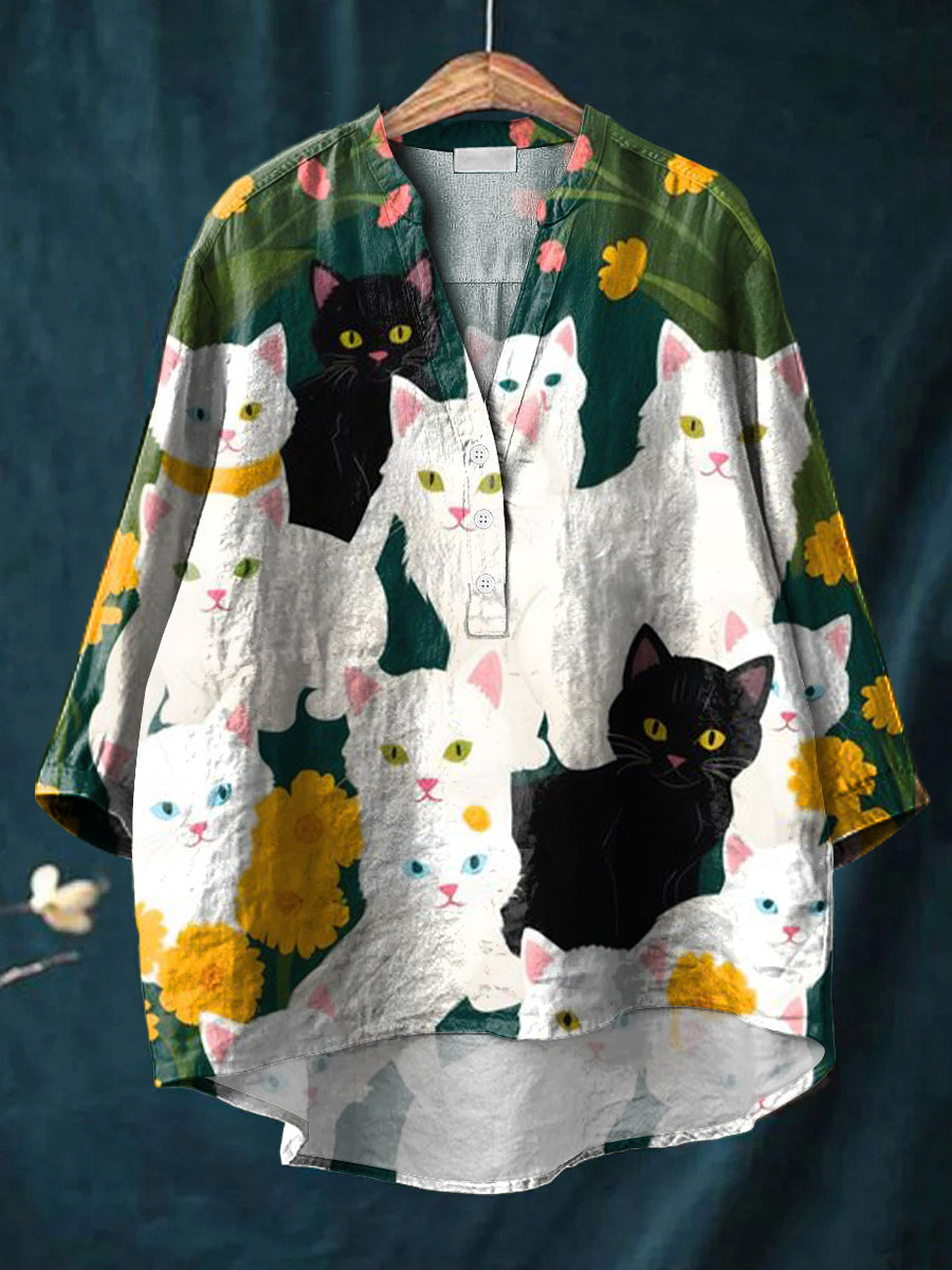 Beautiful Vintage Cat Painting Art Print Casual Cotton & Linen Ruffle Shirt