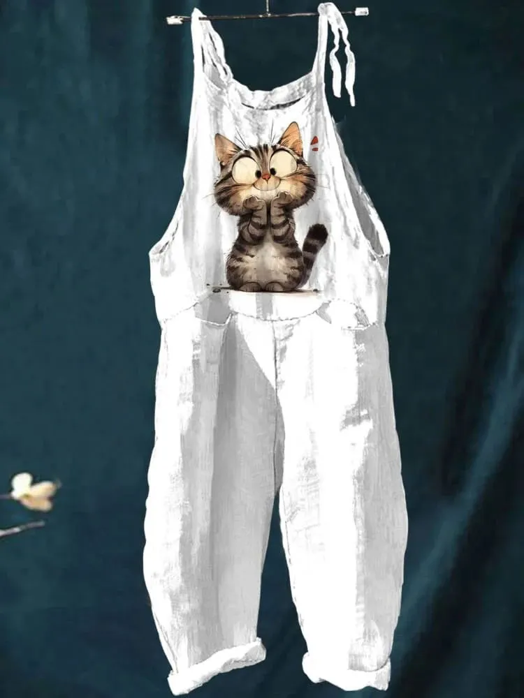 Cat Art Print Colorful Art Casual Wide-Leg Jumpsuit