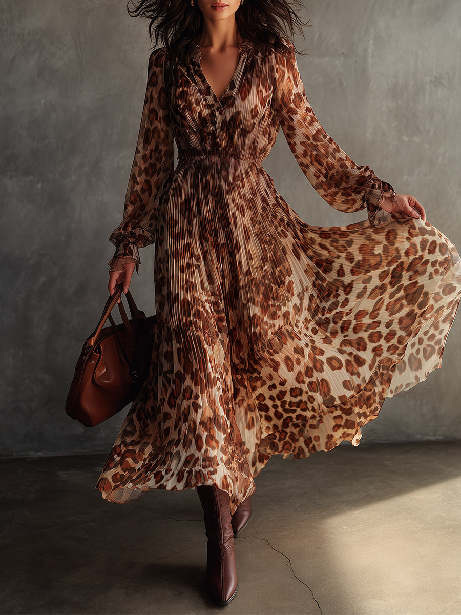 Bohemian Leopard Print Pleated Chiffon Maxi Dress