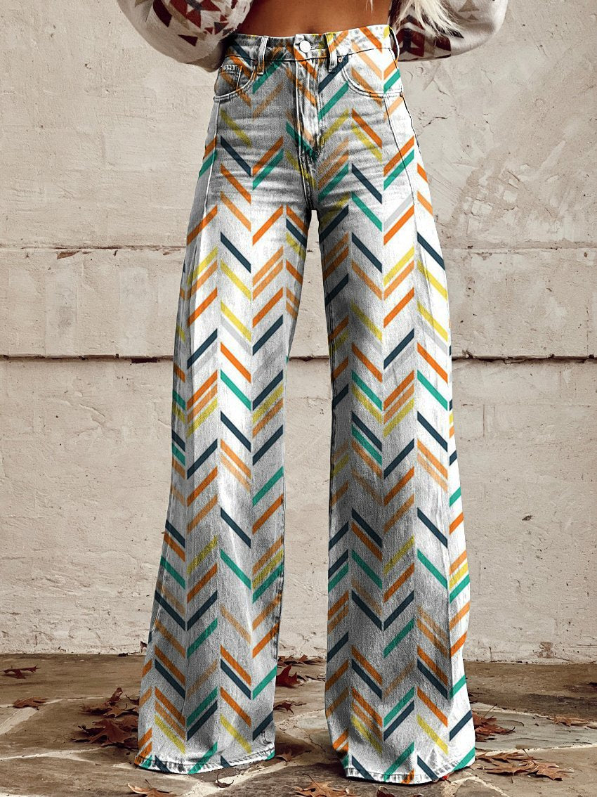 Vintage Print Casual Wide-Leg Pants