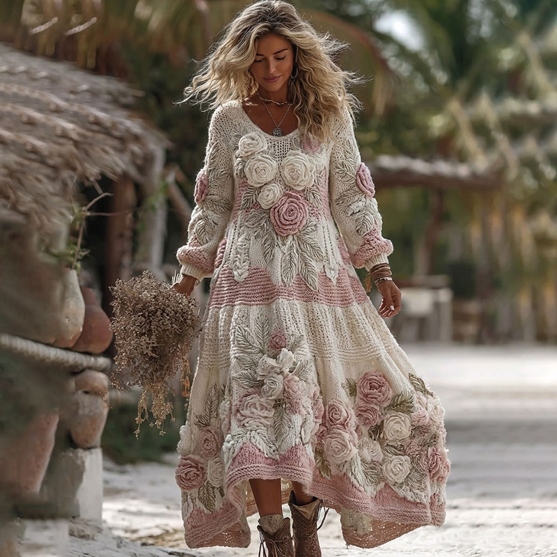 Women's Vintage Romantic White Rose Embroidery Art Comfy Knitted Maxi Dress